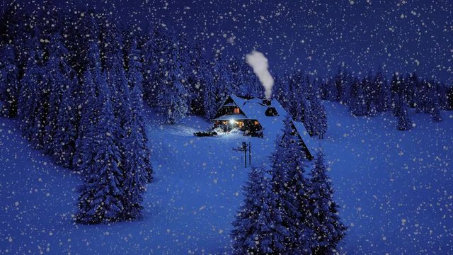 Realistic woodland secluded Christmas cabin chalet in snowfall overlay scene & smoking chimney, Nighttime.