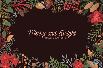 Merry and bright Christmas greeting background. Xmas botanical backdrop with text space. Poinsettia, mistletoe, juniper, cones, spruce and coniferous branches border on black background.