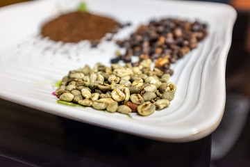 Green, roasted and ground coffee beans, Ethiopia