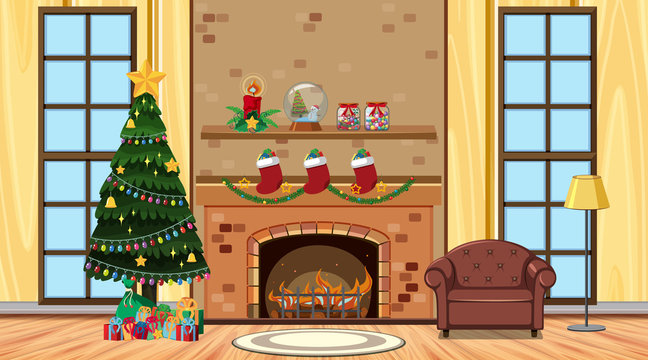 Room with christmas tree and sofa by fireplace