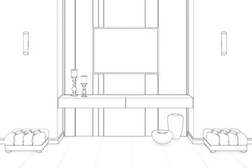 Sketch of a modern interior with a cabinet in a niche and a picture on the wall. Front view. 3d illustration