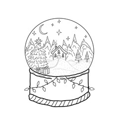 Glass ball with snow on a white background. Black and white illustration of a glass globe with a winter mountain landscape, a house and an elegant Christmas tree with gifts.