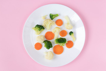 Plate of vegetables on pink background