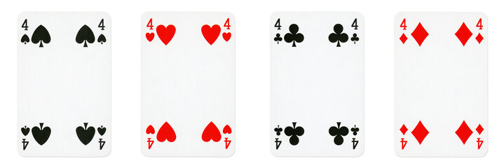 Four Playing Cards Isolated on White Background, Showing Four from Each Suit - Hearts, Clubs, Spades and Diamonds.