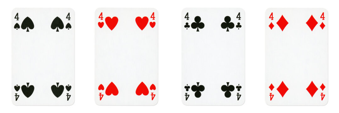 Four Playing Cards Isolated on White Background, Showing Four from Each Suit - Hearts, Clubs, Spades and Diamonds.