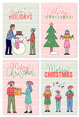 Four postcards that greeting with xmas. People having fun and greet each other with merry christmas. Vector captions with wishing happy winter holidays. Family making snowman and woman near fir tree