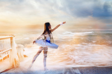 A magical fantastic photo of a ballerina girl in sea waves and spray. Unreal fantasy art photo.