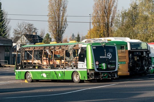 The burnt SOR EBN 9.5 electric bus from Hranice na Morave which caught fire and was completely destroyed. It show the risk of EVs and their batteries
