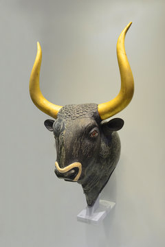 Stone bull's-head rhyton. It is a masterpiece of Minoan art from the Knossos-Little Palace, 1600-1450 BC. Knossos is the largest archaeological site of Crete, Greece
