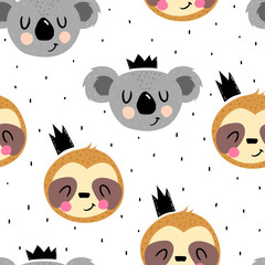 Seamless pattern with cute koalas, sloths, decor elements. Flat colorful vector. Hand drawing for children. animal theme. baby design for fabric, print, textile, wrapper