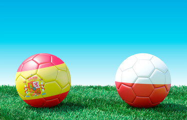 Two soccer balls in flags colors on green grass. Spain and Poland. 3d image