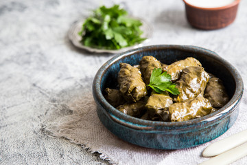 Traditional dolma  (sarma) in grape leaves with copyspace. Lebanon turkish greek middle eastern cuisine. Dinner food dolmadakia