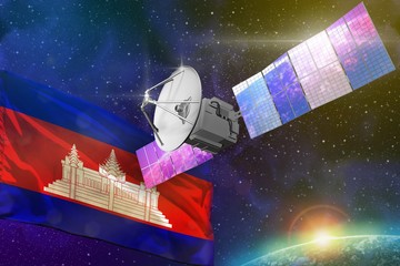Space communications technology concept - satellite with Cambodia flag, 3D Illustration