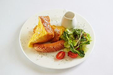 Breakfast menu, bread, sausage and salad 