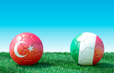 Two soccer balls in flags colors on green grass. Turkey and Italy. 3d image