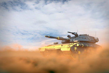 Fototapeta na wymiar heavy tank with design that not exists in fight shoots in desert, highly detailed heroism concept - military 3D Illustration