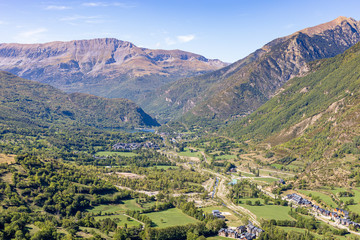 Fototapeta premium Aerial view of the Benasque Valley with the swamp in the background, Benasque, Aragon, Spain