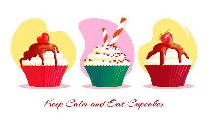 Card design for Bakery, Bakeshop, Dessert, Birthday, Recipes. Three Sweet cupcakes with different toppings. Vector illustration for banner, advertising, menu, poster, card, postcard.