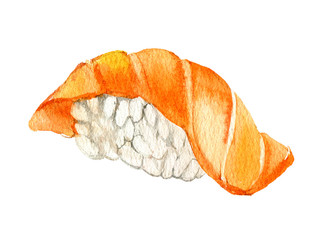 Nigiri sushi with with salmon, isolated on white background, watercolor illustration