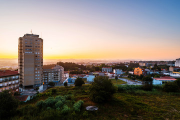 Obraz premium Aerial view of Gaia and Porto, Portugal at sunrise. Clear sky