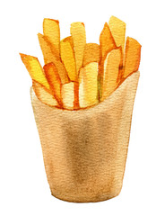 French fries in  craft cardboard box, isolated on white background, watercolor illustration