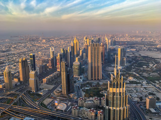 Aerial view of Dubai at sunset, United Arab Emirates
