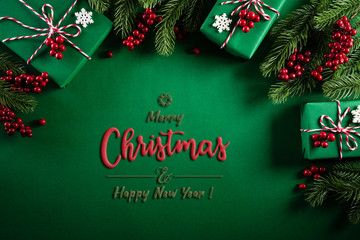 Christmas background concept. Top view of Christmas green gift box with decoration, spruce branches...