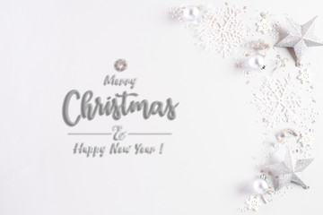 Christmas background concept. Top view of Christmas decoration, ball, star with snowflakes on white background.