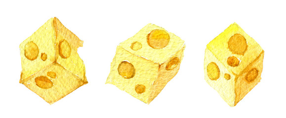 Cheese cubes set, isolated on white background, watercolor illustration  - 307116748