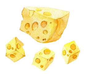 Piece of cheese and cheese cubes, isolated on white background, watercolor illustration  - obrazy, fototapety, plakaty