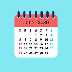 Vector illustration of tear-off calendar for July 2020