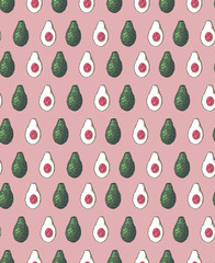 Seamless pattern with avocado halves in row on pink background. Ingredients for Guacomole. Keto diet. Vector texture for wallpaper, fabrics, wrapping paper and your design.