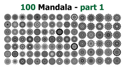 Ethnic Mandala ornament. Round pattern set. Templates with doodle tribal mandalas. illustration line art ornate brochure. 100 vector