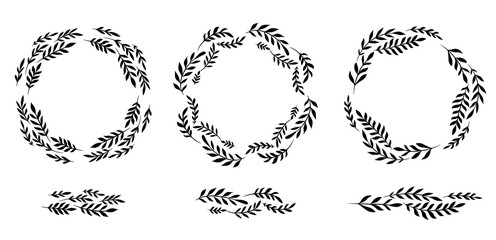 Obraz premium Set of silhouettes of round laurel frames and brushes from branches and leaves. The object is separate from the background. Natural vector templates for labels, cards, banners and your creativity.