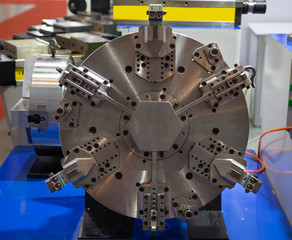 Close-up of power hydraulic chunk for CNC lathe machine