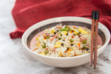 Cantonese fried basmati rice with ham and eggs