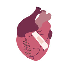 Flat illustration of ill realistic heart with seam and patch. Medical picture. Broken heart. The object is separate from the background. Vector element for articles, cards and your creativity.