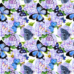 Blue hydrangea flowers, butterflies, bees. Seamless floral pattern. Watercolor.