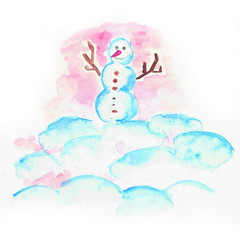 naive watercolor illustration of a snowman on a mountain of snowdrifts on a sunset background