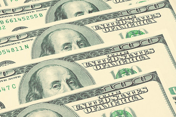 One Hundred Dollar Bills for Background. American Money in Cash, Business and Finance Concept. Lots of US Bank Notes Placed in a Row