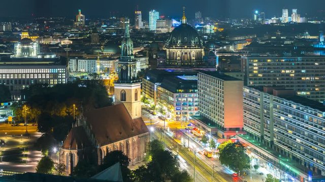 Berlin night skyline view od city centre from above time lapse video.