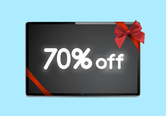 Bright neon sale sign on TV, modern blank screen lcd, decorated with a bow.