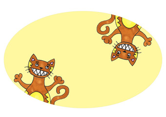 Funny smile cat. Marker art in the yellow card