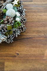 Christmas decoration on a rustic brown wooden background