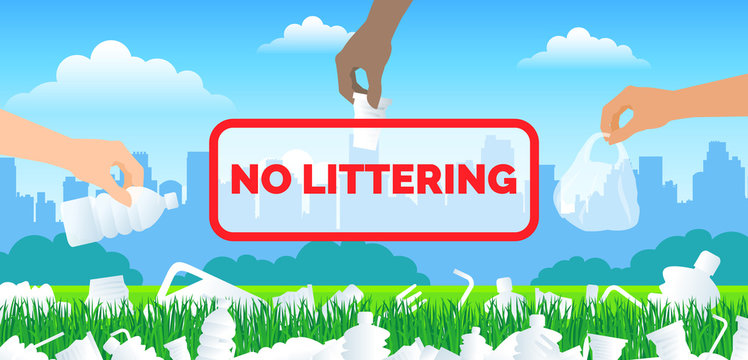 No Littering Human Hands Throwing Plastic Waste In The Park Lawn Grass .global Ecology Problem Concept