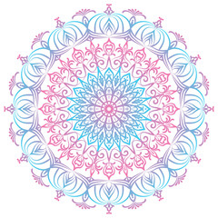 Round gradient mandala in blue and pink colors. Isolated vector mandala on a white background. Illustration for tattoo, henna drawing.