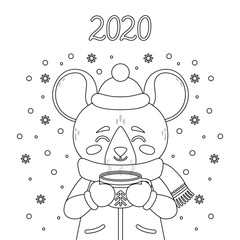 The rat with a cup of tea in winter wear.