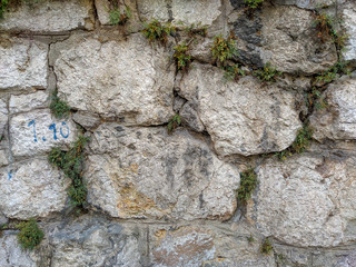 Old huge stone rocks making a wall as a traditional masonry with grass and other green plants sticking out with signs of age and decay