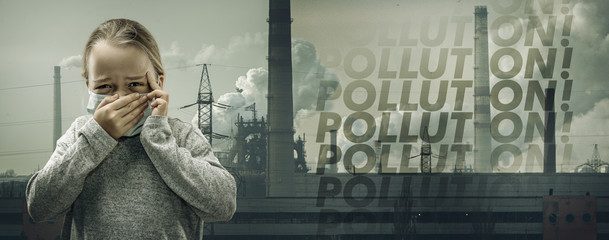 Caucasian little girl wearing the respiratory protection mask against air pollution, dust particles exceed the safety limits because of fuming factories. Healthcare, environmental, ecology concept.