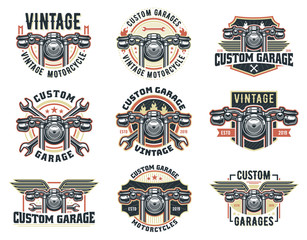 A set of Vintage motorcycle logo template, vector pack retro custom garage emblem or badge.